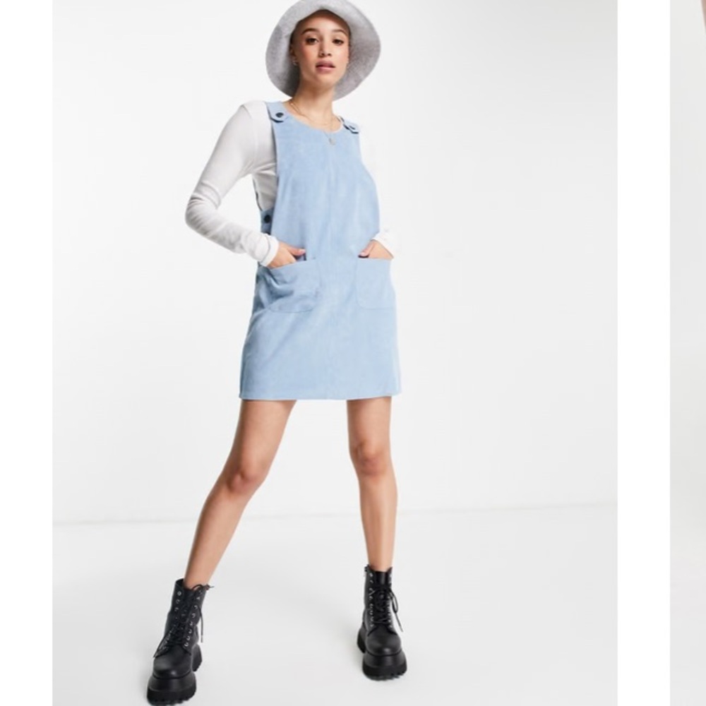 QED London cord overall dress in blue